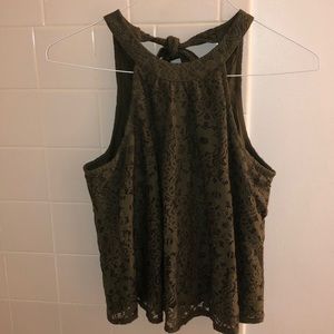 olive green high neck floral lace tank top